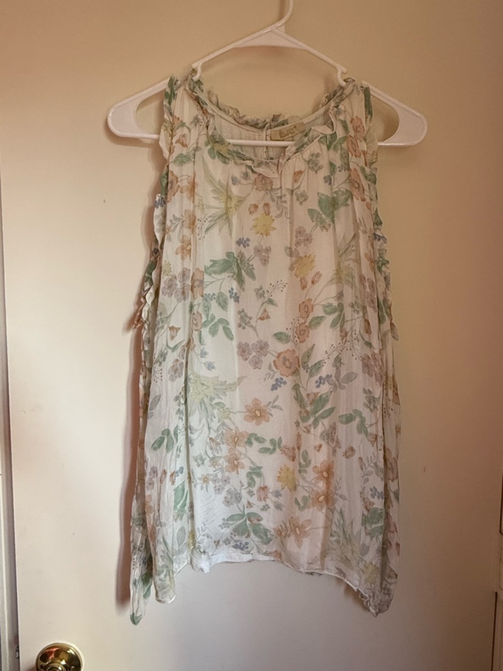 Floral Sleeveless Sheer Blouse - Cream with Green and Yellow Floral Print